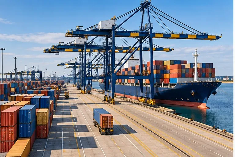 Container port with cargo ship