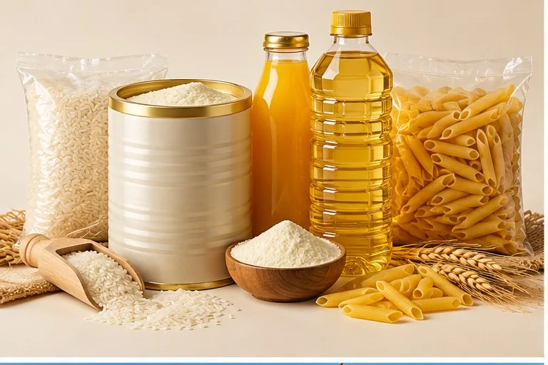 Milk powder, juice, edible oil, rice and pasta