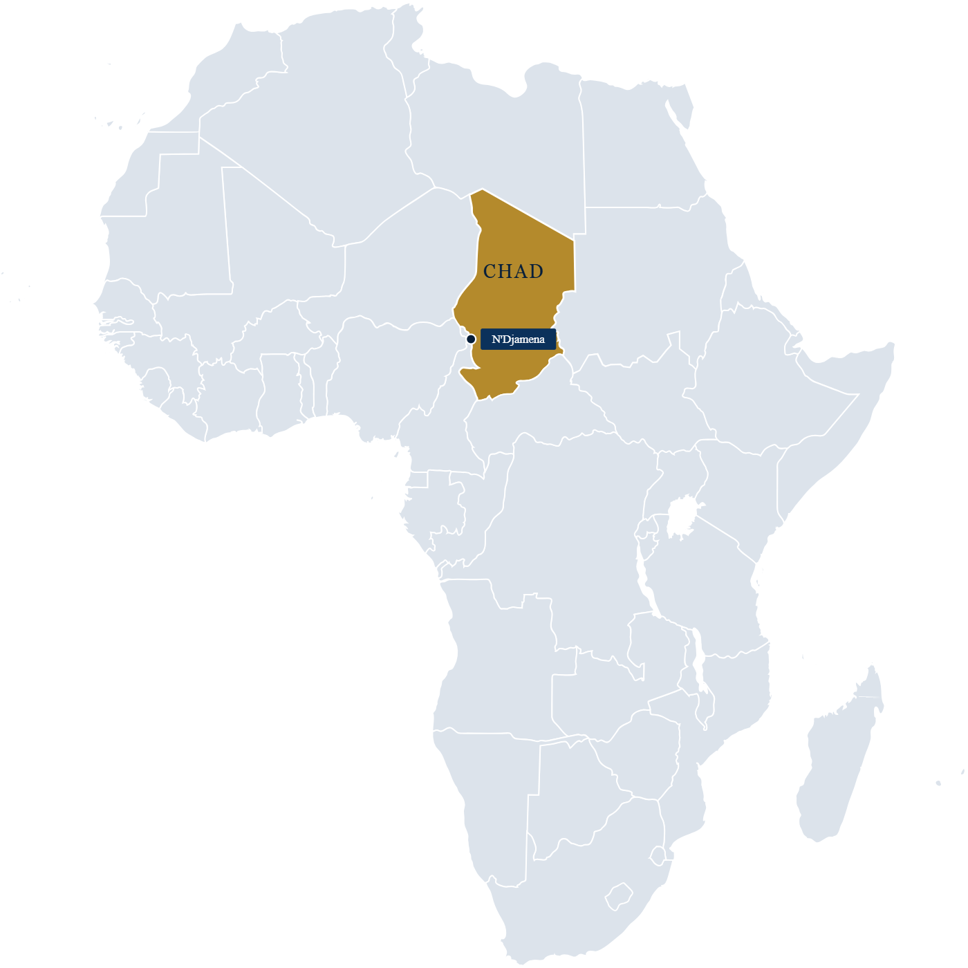 Map of Africa with Chad highlighted and N'Djamena marked